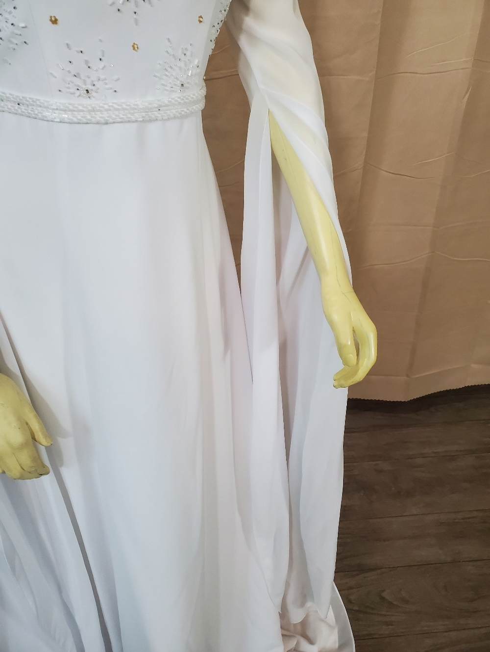 White Beaded Long-Sleeve Bridal Gown with Draped Sleeves - Picture 4 of 8